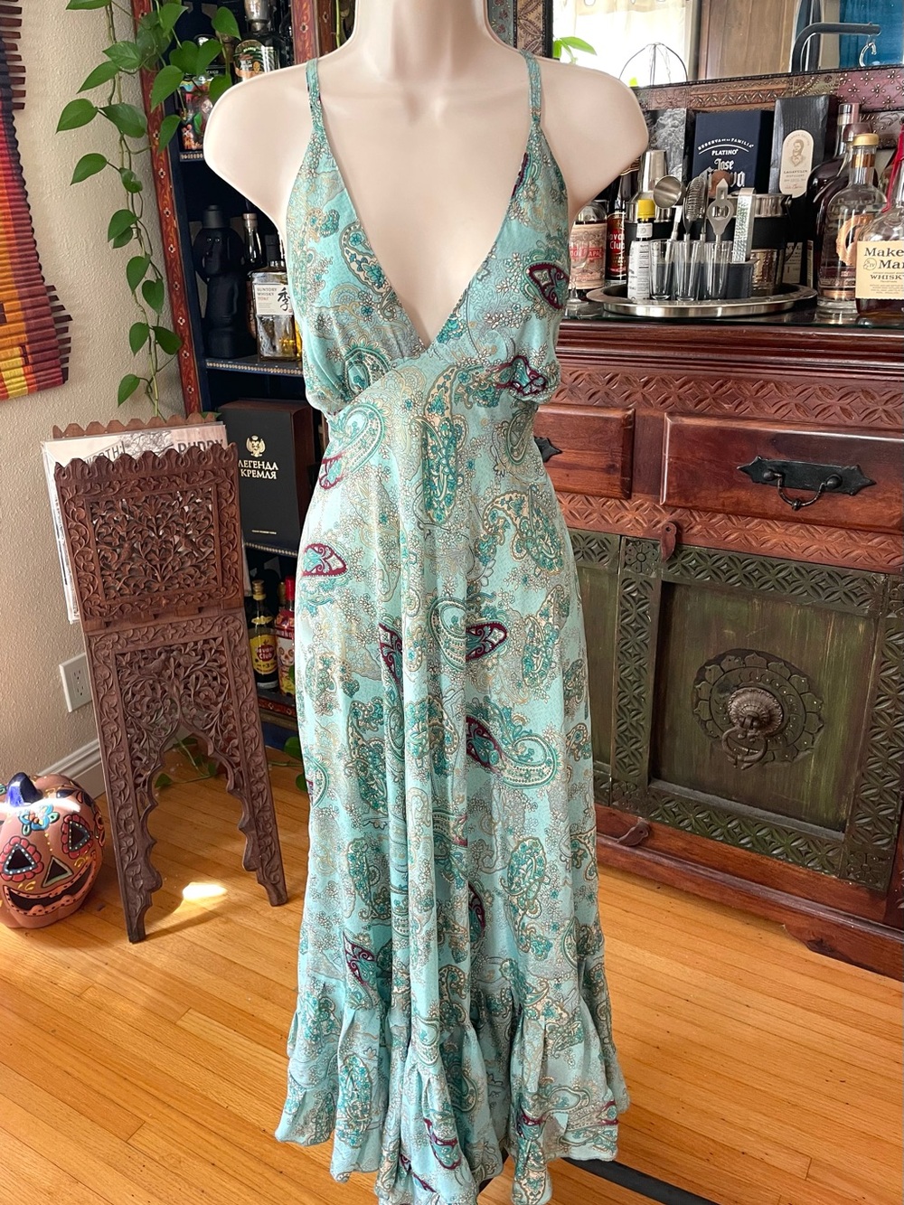 Gosham Textiles Turquoise Paisley Ruffle- Hem Boho Dress M L